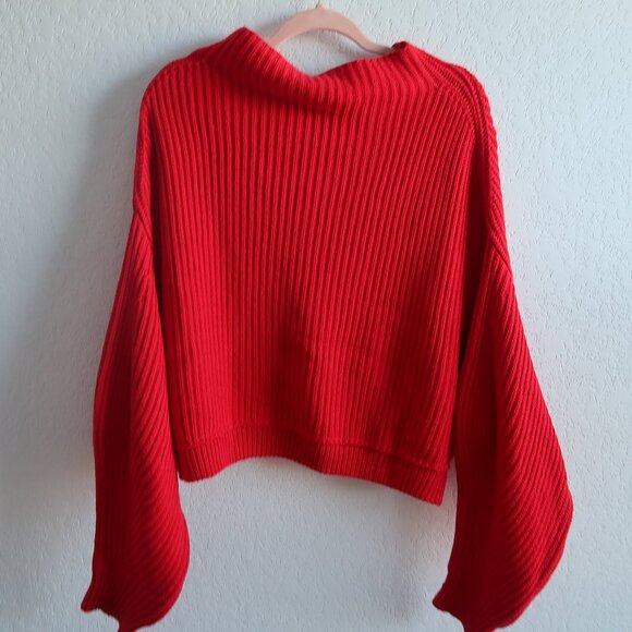 Free People Red Oversized Ribbed Knit Sweater - Size Small Cowl Neck Chunky - Picture 6 of 9